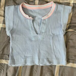 Amazon Women's Blue Ribbed Tee with Pink Trim